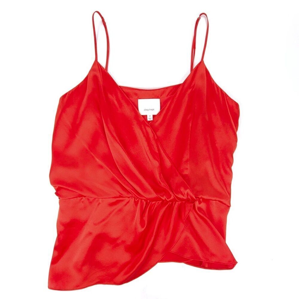 NEW Cinq A Sept 100% Silk Mirin Faux Wrap Top Cami Red Satin Medium Quiet Luxury